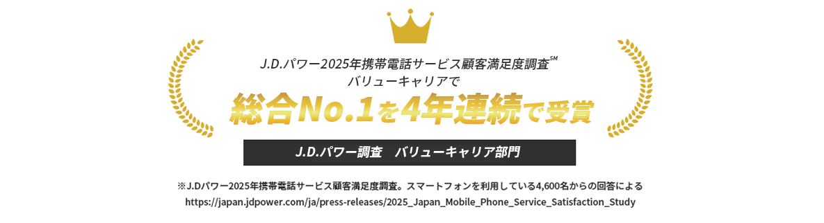 J.D.パワー2025年携帯電話サービス顧客満足度調査 バリューキャリアで総合No.1を4年連続で受賞 J.D.パワー調査 バリューキャリア部門